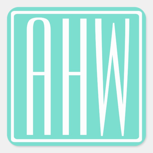 Bold Modern 3 Initials Monogram | White On Aqua Square Sticker (Front)