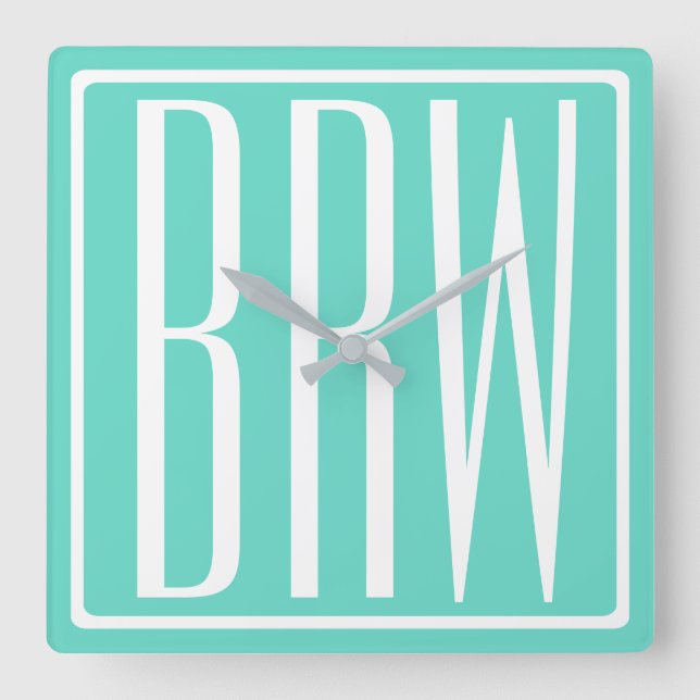 Bold Modern 3 Initials Monogram | White On Aqua Square Wall Clock (Front)