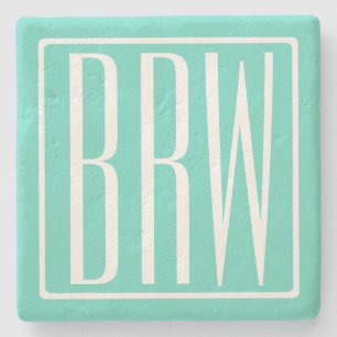 Bold Modern 3 Initials Monogram White On Aqua Stone Coaster