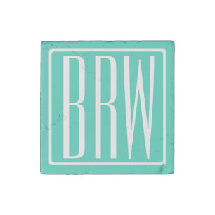 Bold Modern 3 Initials Monogram White On Aqua Stone Magnet