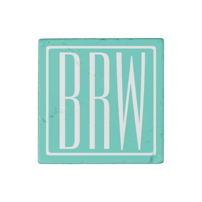 Bold Modern 3 Initials Monogram | White On Aqua Stone Magnet (Front)