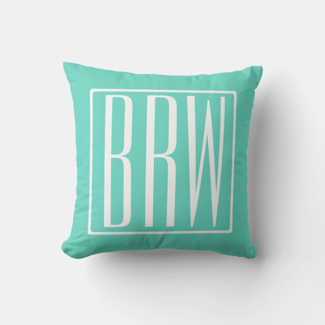 Bold Modern 3 Initials Monogram | White On Aqua Throw Pillow (Front)