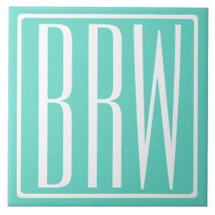 Bold Modern 3 Initials Monogram White On Aqua Tile