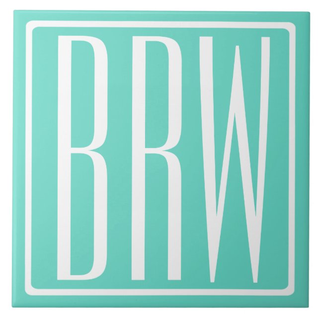 Bold Modern 3 Initials Monogram | White On Aqua Tile (Front)