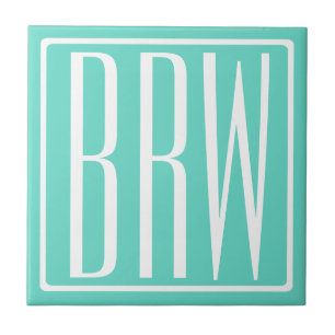 Bold Modern 3 Initials Monogram   White On Aqua Tile