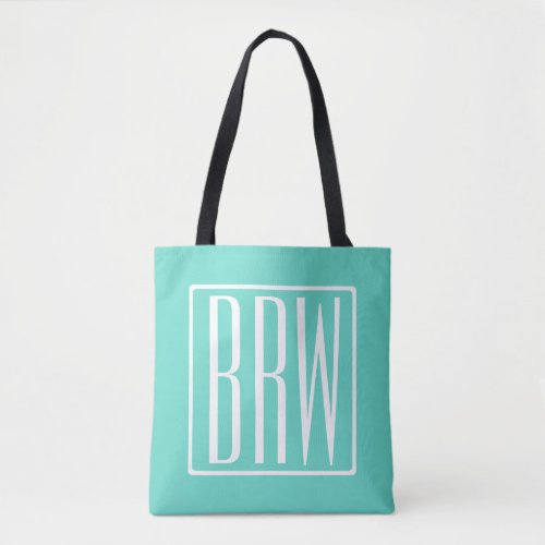 Bold Modern 3 Initials Monogram  White On Aqua Tote Bag