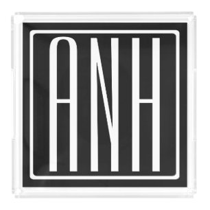 Bold Modern 3 Initials Monogram White On Black Acrylic Tray