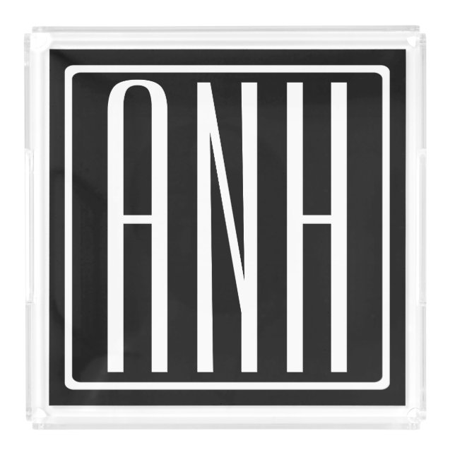 Bold Modern 3 Initials Monogram | White On Black Acrylic Tray (Large)