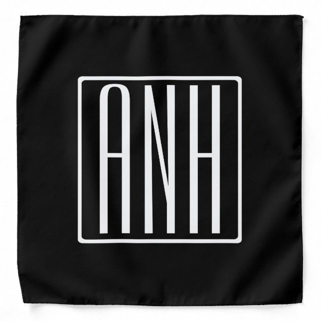 Bold Modern 3 Initials Monogram | White On Black Bandana (Front)