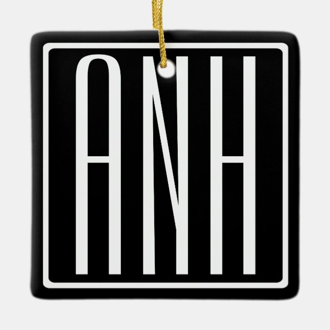 Bold Modern 3 Initials Monogram | White On Black Ceramic Ornament (Front)