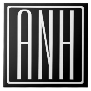 Bold Modern 3 Initials Monogram   White On Black Ceramic Tile