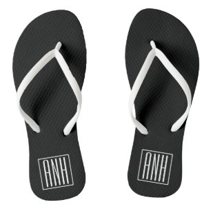 Bold Modern 3 Initials Monogram White On Black Flip Flops