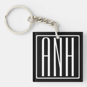Bold Modern 3 Initials Monogram White On Black Keychain