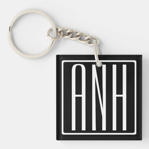 Bold Modern 3 Initials Monogram  White On Black Keychain