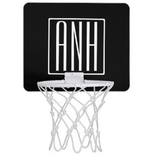Bold Modern 3 Initials Monogram White On Black Mini Basketball Hoop