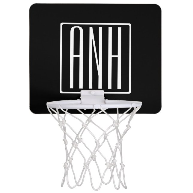 Bold Modern 3 Initials Monogram | White On Black Mini Basketball Hoop (Front)