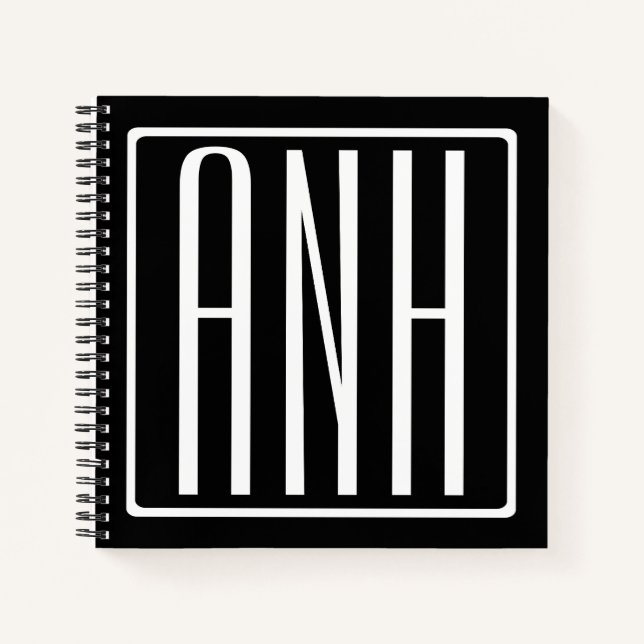 Bold Modern 3 Initials Monogram | White On Black Notebook (Front)