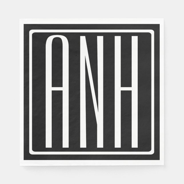 Bold Modern 3 Initials Monogram | White On Black Paper Napkins (Front)