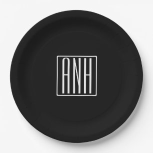 Bold Modern 3 Initials Monogram   White On Black Paper Plates