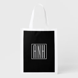 Bold Modern 3 Initials Monogram | White On Black Reusable Grocery Bag
