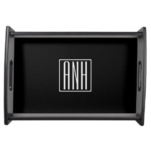 Bold Modern 3 Initials Monogram White On Black Serving Tray