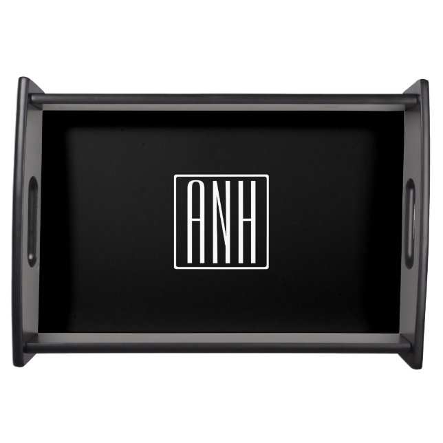 Bold Modern 3 Initials Monogram | White On Black Serving Tray (Front)