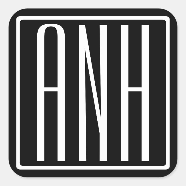 Bold Modern 3 Initials Monogram | White On Black Square Sticker (Front)