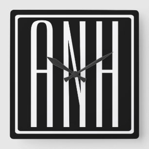 Bold Modern 3 Initials Monogram White On Black Square Wall Clock
