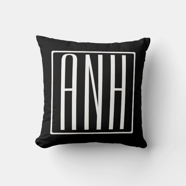 Bold Modern 3 Initials Monogram | White On Black Throw Pillow (Front)