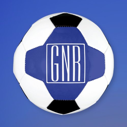 Bold Modern 3 Initials Monogram  White On Blue Soccer Ball