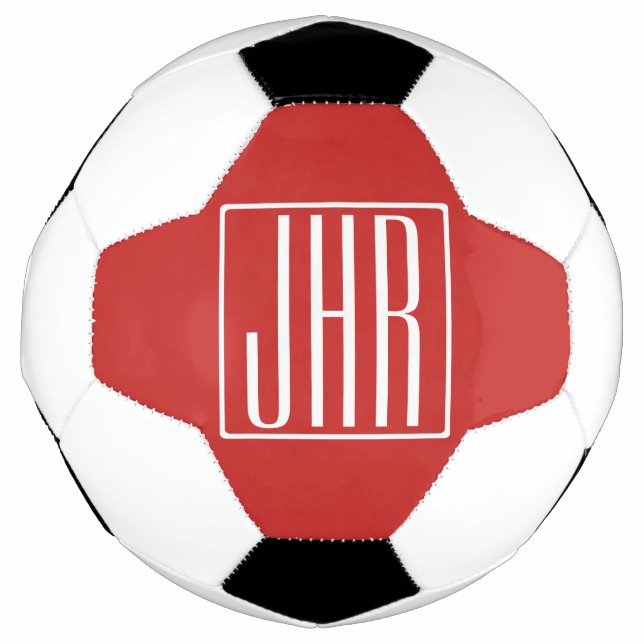 Bold Modern 3 Initials Monogram | White On Red Soccer Ball (Front)