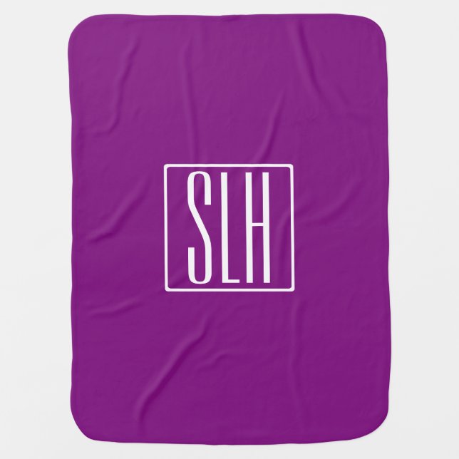 Bold Modern 3 Initials Monogram | White & Purple Baby Blanket (Front)
