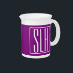 Bold Modern 3 Initials Monogram | White & Purple Beverage Pitcher<br><div class="desc">White text & white frame on purple (changeable background color).</div>