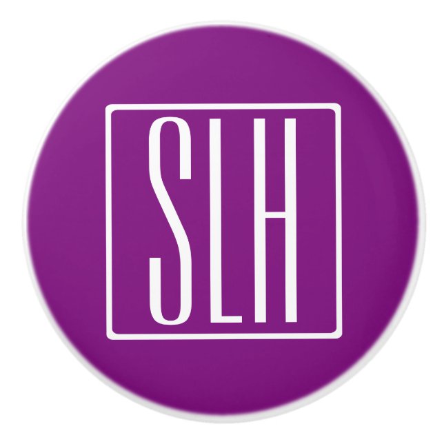 Bold Modern 3 Initials Monogram | White & Purple Ceramic Knob (Front)