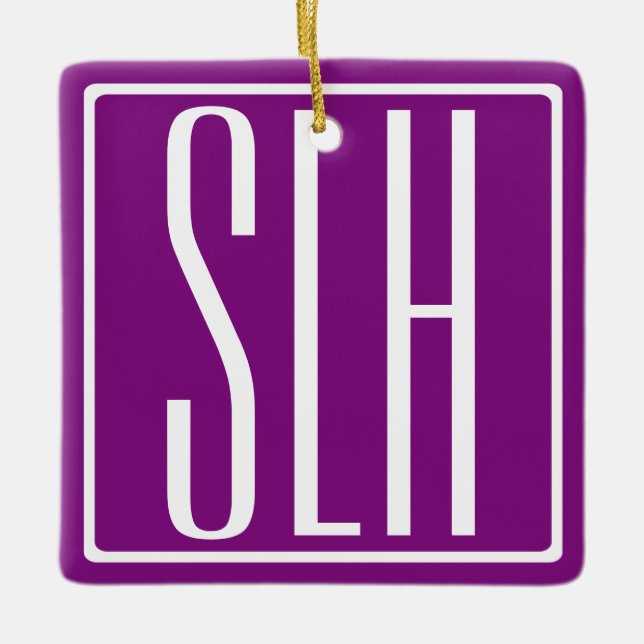 Bold Modern 3 Initials Monogram | White & Purple Ceramic Ornament (Front)