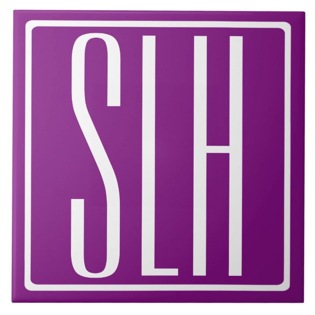 Bold Modern 3 Initials Monogram | White & Purple Ceramic Tile (Front)