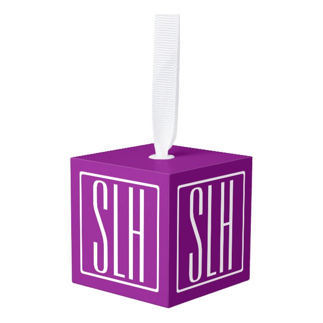 Bold Modern 3 Initials Monogram | White & Purple Cube Ornament (Front Angled)