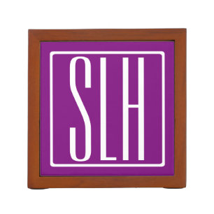 Bold Modern 3 Initials Monogram White & Purple Desk Organizer