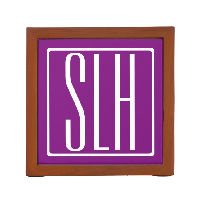 Bold Modern 3 Initials Monogram | White & Purple Desk Organizer (Back)