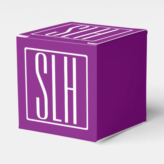 Bold Modern 3 Initials Monogram | White & Purple Favor Boxes (Front Side)