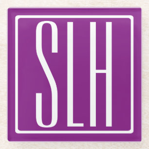 Bold Modern 3 Initials Monogram   White & Purple Glass Coaster