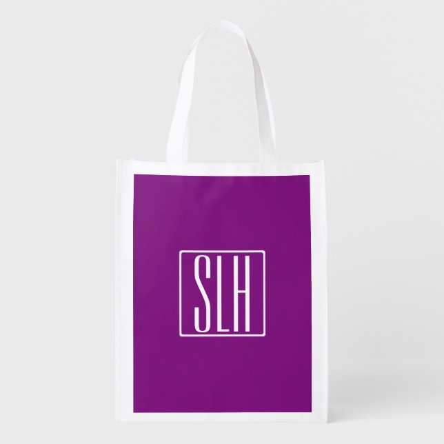 Bold Modern 3 Initials Monogram | White & Purple Grocery Bag (Front)