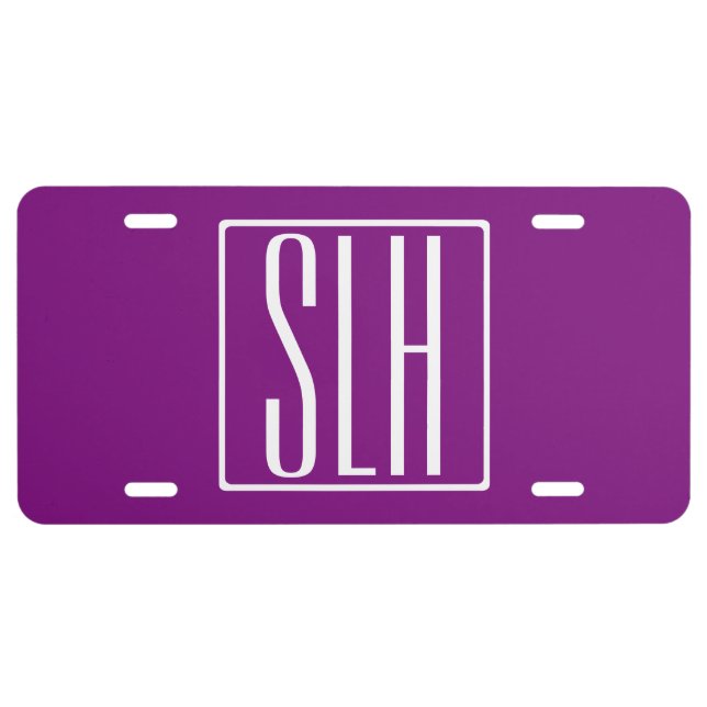 Bold Modern 3 Initials Monogram | White & Purple License Plate (Front)