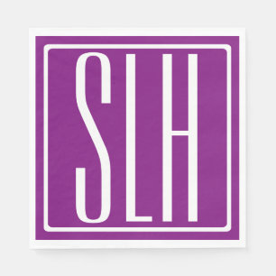 Bold Modern 3 Initials Monogram   White & Purple Napkins