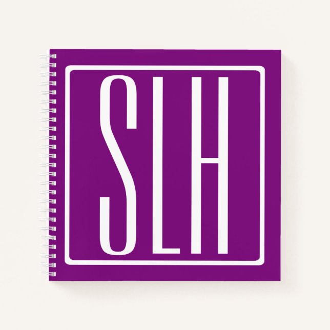 Bold Modern 3 Initials Monogram | White & Purple Notebook (Front)