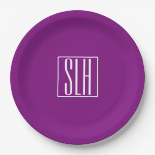 Bold Modern 3 Initials Monogram White & Purple Paper Plates