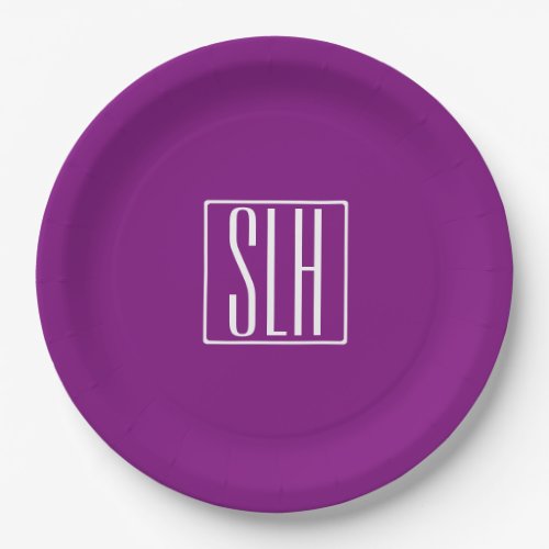 Bold Modern 3 Initials Monogram  White  Purple Paper Plates