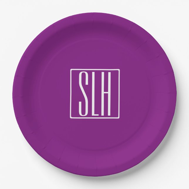 Bold Modern 3 Initials Monogram | White & Purple Paper Plates (Front)