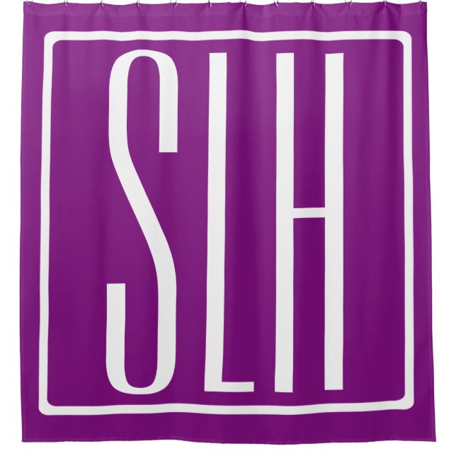 Bold Modern 3 Initials Monogram | White & Purple Shower Curtain (Front)