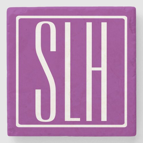 Bold Modern 3 Initials Monogram  White  Purple Stone Coaster